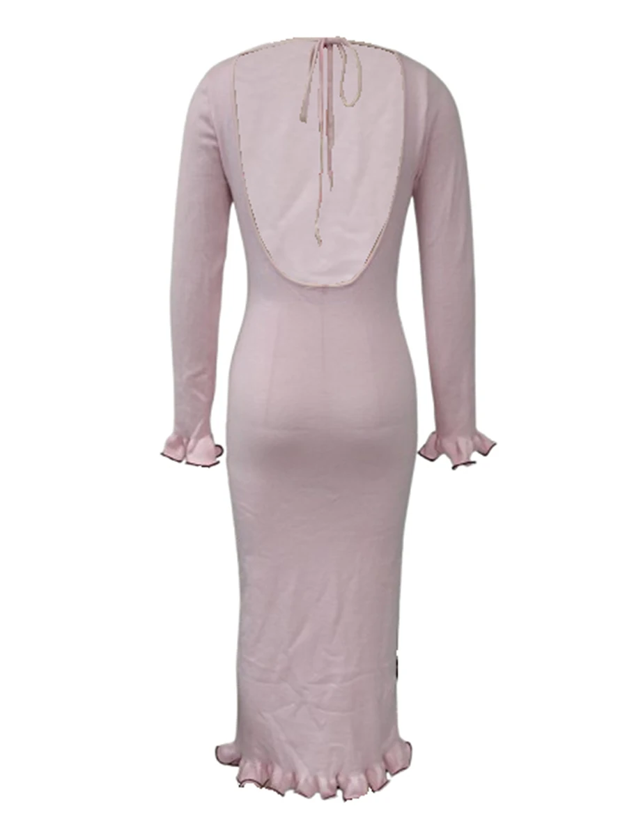 Women Sweater Dress Patchwork Trim Tie-Up Backless Long Sleeve Long Dress Fall Fashion Casual Knit Dress