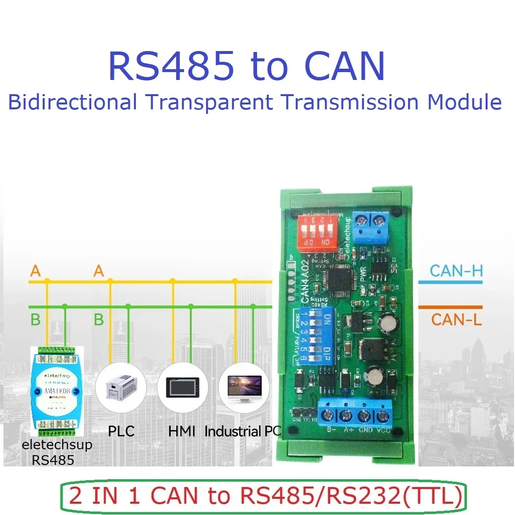 RS485 TTL232 to CAN Bidirectional Converter DC6.5-25V DIP Switch Setting ISO 11898-2 Industrial Transparent Transmission Module