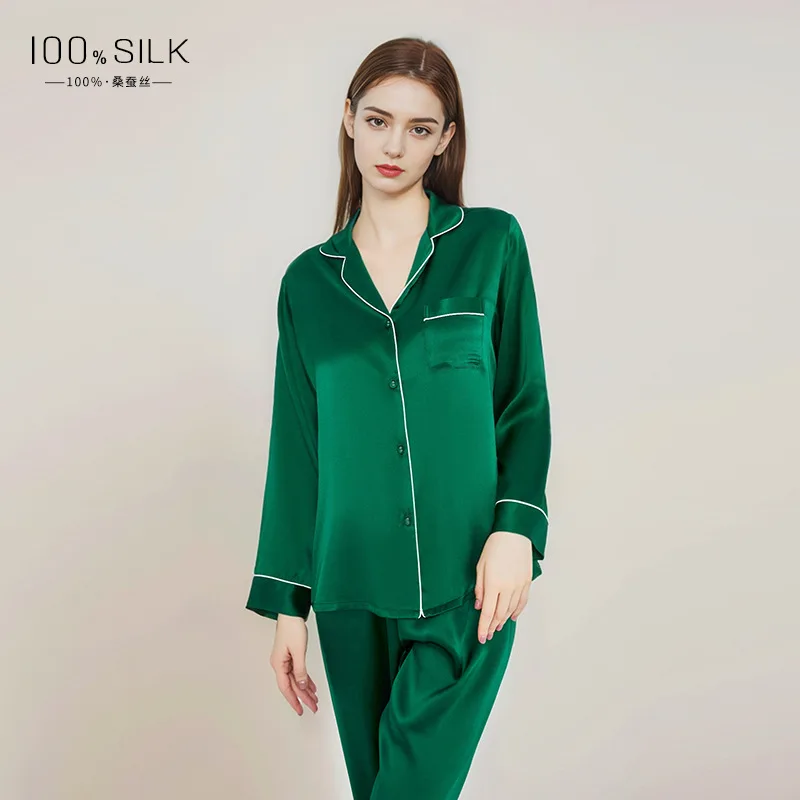 2025 New Summer Style Silk Pajamas Set for Women, Long Sleeves and Long Pants, 100% Mulberry Silk, Light Luxury Loungewear Set