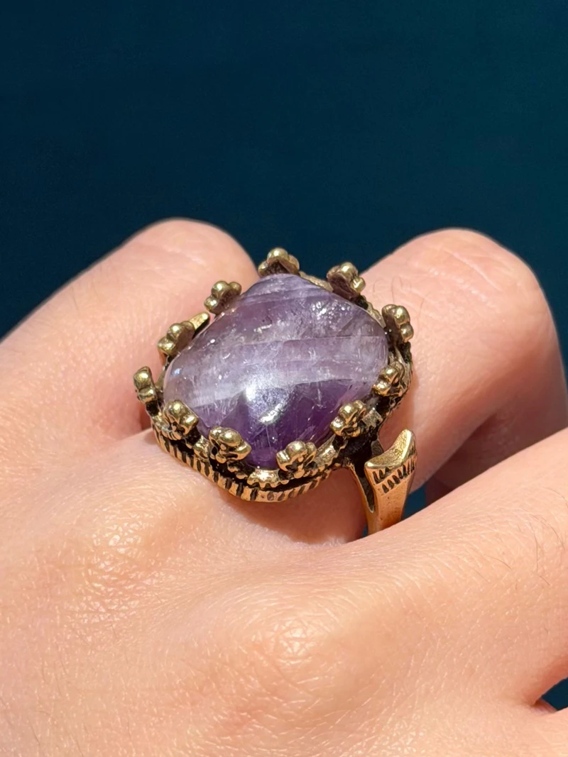 Retro Noble Purple Square Natural Stone Rings for Women Prong Setting Wedding Bands Vintage Antique Jewelry Party Copper 2024