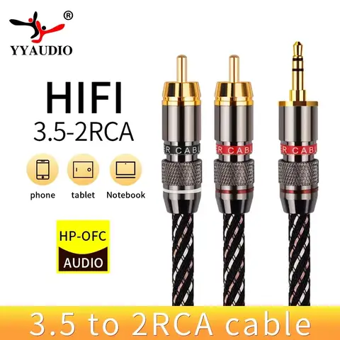 YYAUDIO HiFi 3.5mm ~ 2rca 오디오 케이블 6N OFC AUX 3.5 스테레오 잭 RCA Y 분배기 케이블 MP3 MP4 PC 전화 증폭기 믹서