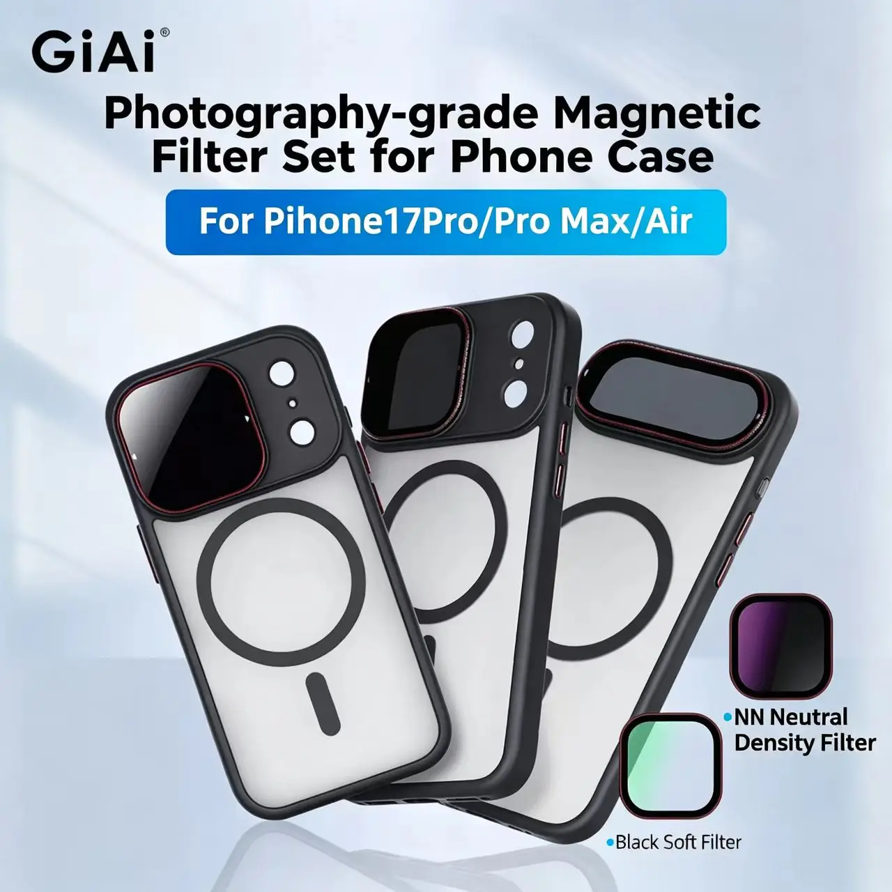 Magnetic attachment filter set for iPhone 17 Pro, including black soft adjustable CPL polarizing lens and UV filter — Magnetic