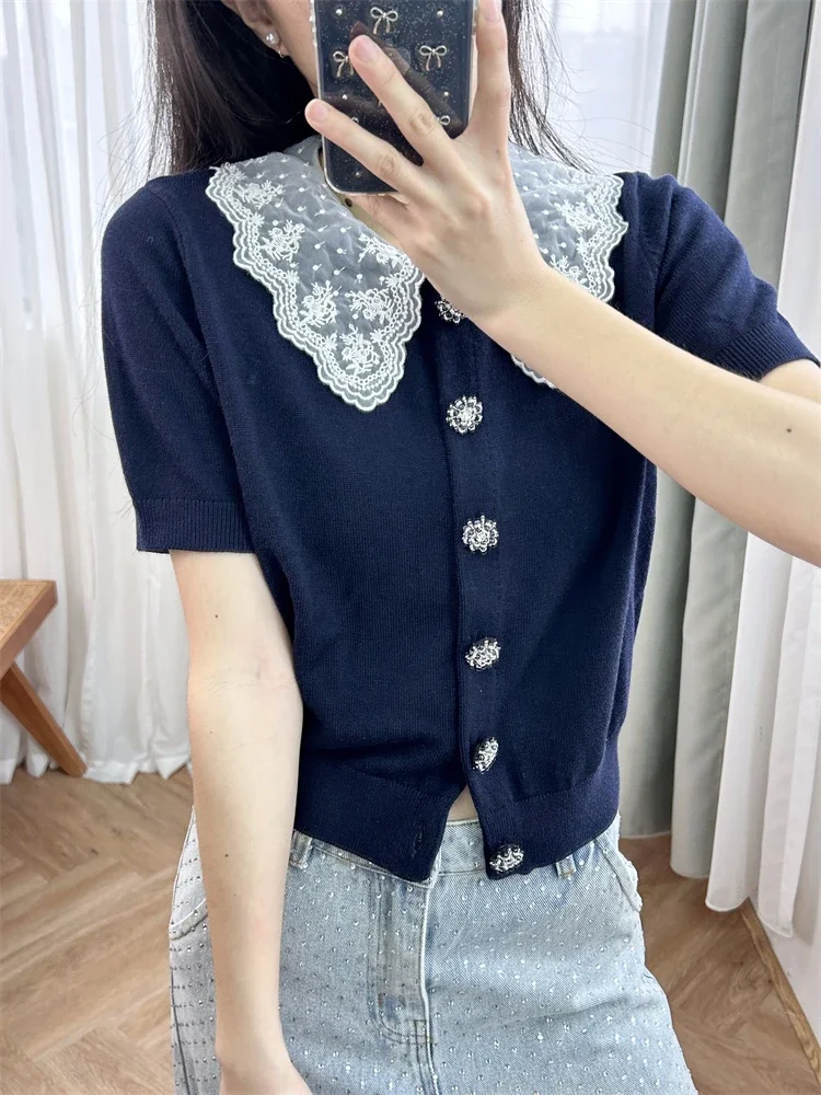 Knitted shirt top for women's summer navy blue lace lace round neck short sleeved short style needle style, reducing age