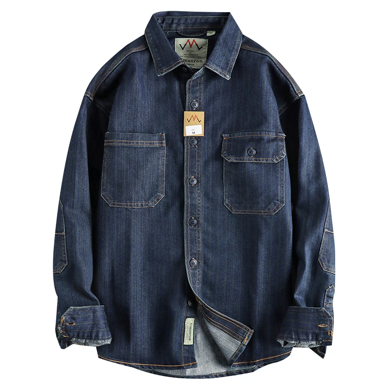 Patch Long Sleeve Amekaji Fashion Vertical Striped Denim Men Shirts Heaveyweight Washed Cotton Coats Casual Cargo Jeans Workwear