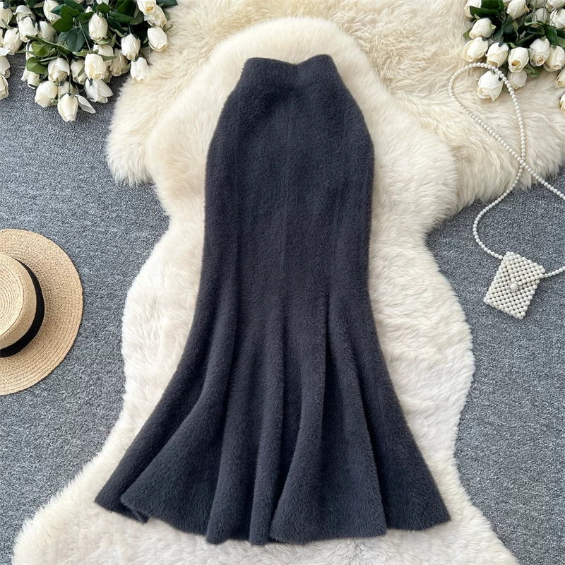 Damen Kunstnerz Gestrickter Meerjungfrauenrock Hohe Taille Weicher Flauschiger Warmer Pulloverrock Herbst Winter Eleganter Figurbetonter Langer Midirock 636 – Detail 12