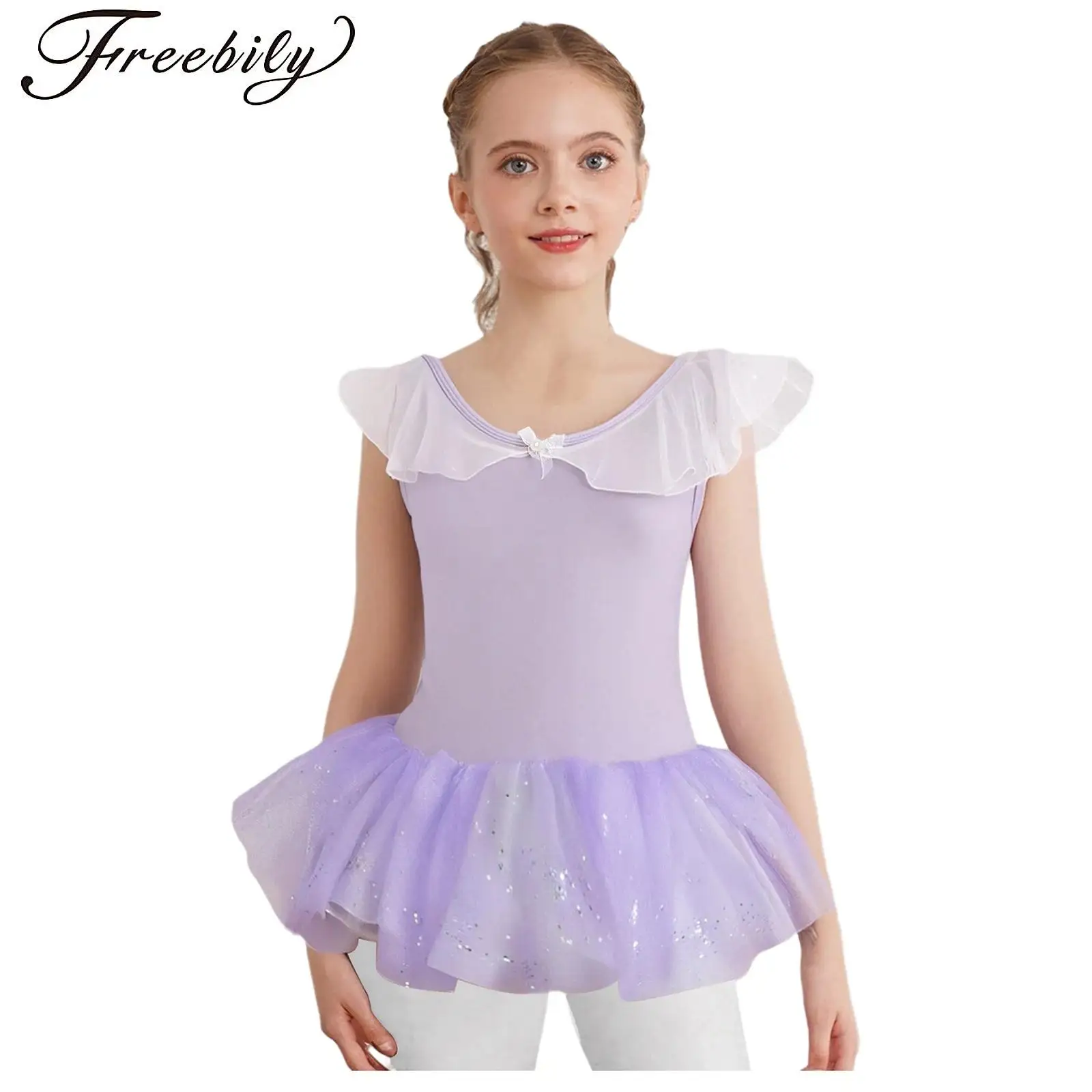

Kids Girls Shiny Sequins Tulle Tutu Skirt Ballet Gymnastics Dancewear Stage Performance Costume Ruffled Collar Backless Leotard