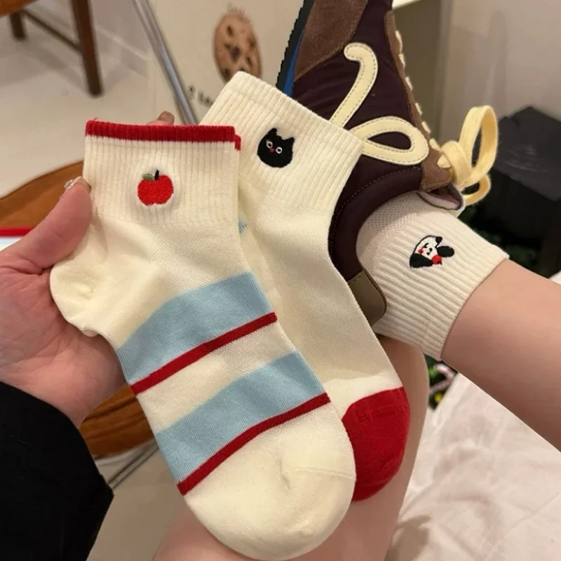 Women's Cotton Ankle Socks Cartoon Embroidered Apple Polka Dot Color Block Korean Preppy School Style Spring Summer Cute