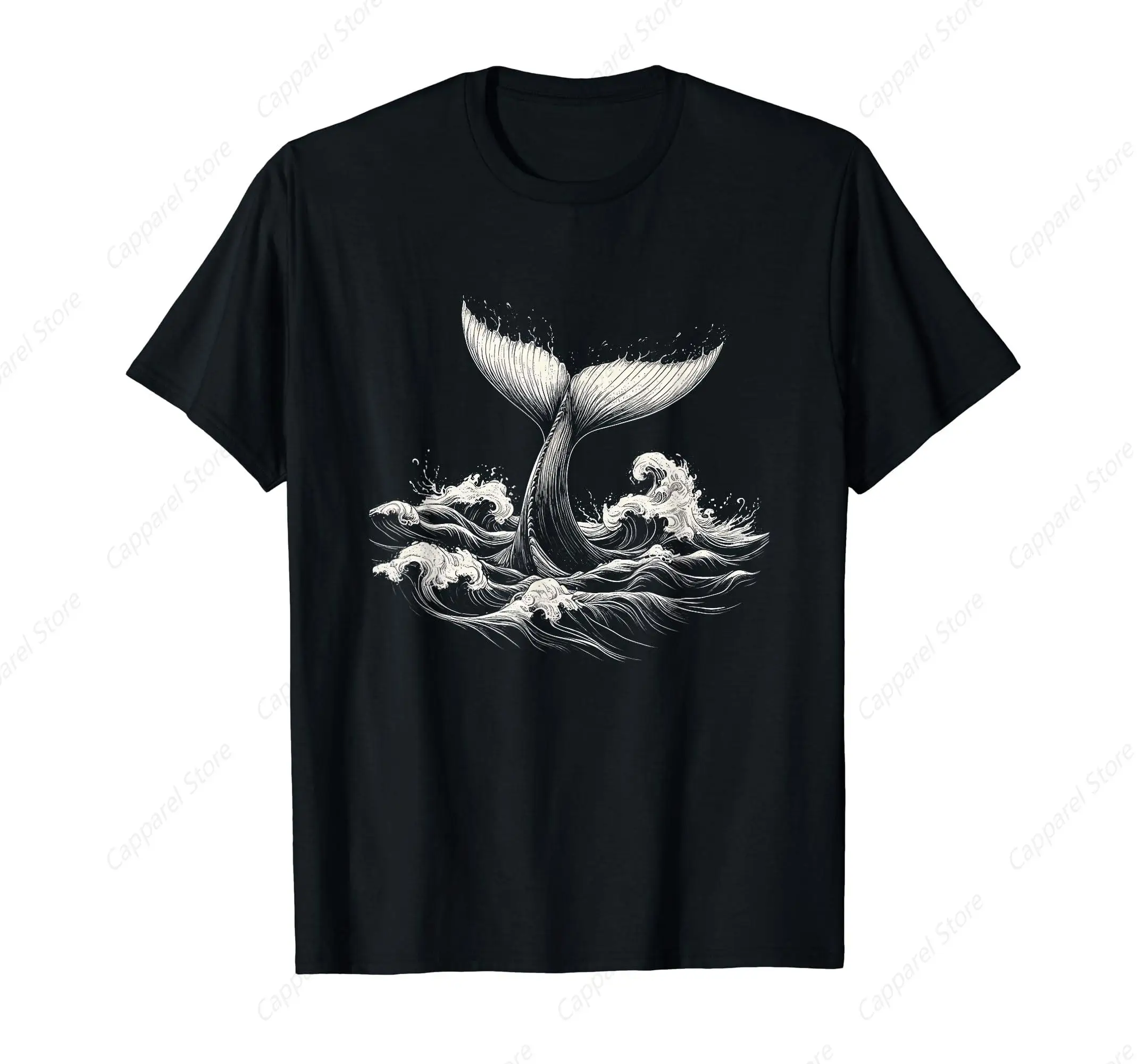 

Whale Tail in Waves Graphic Art Design T-Shirt for Men Cotton 100% Summer Tops Women