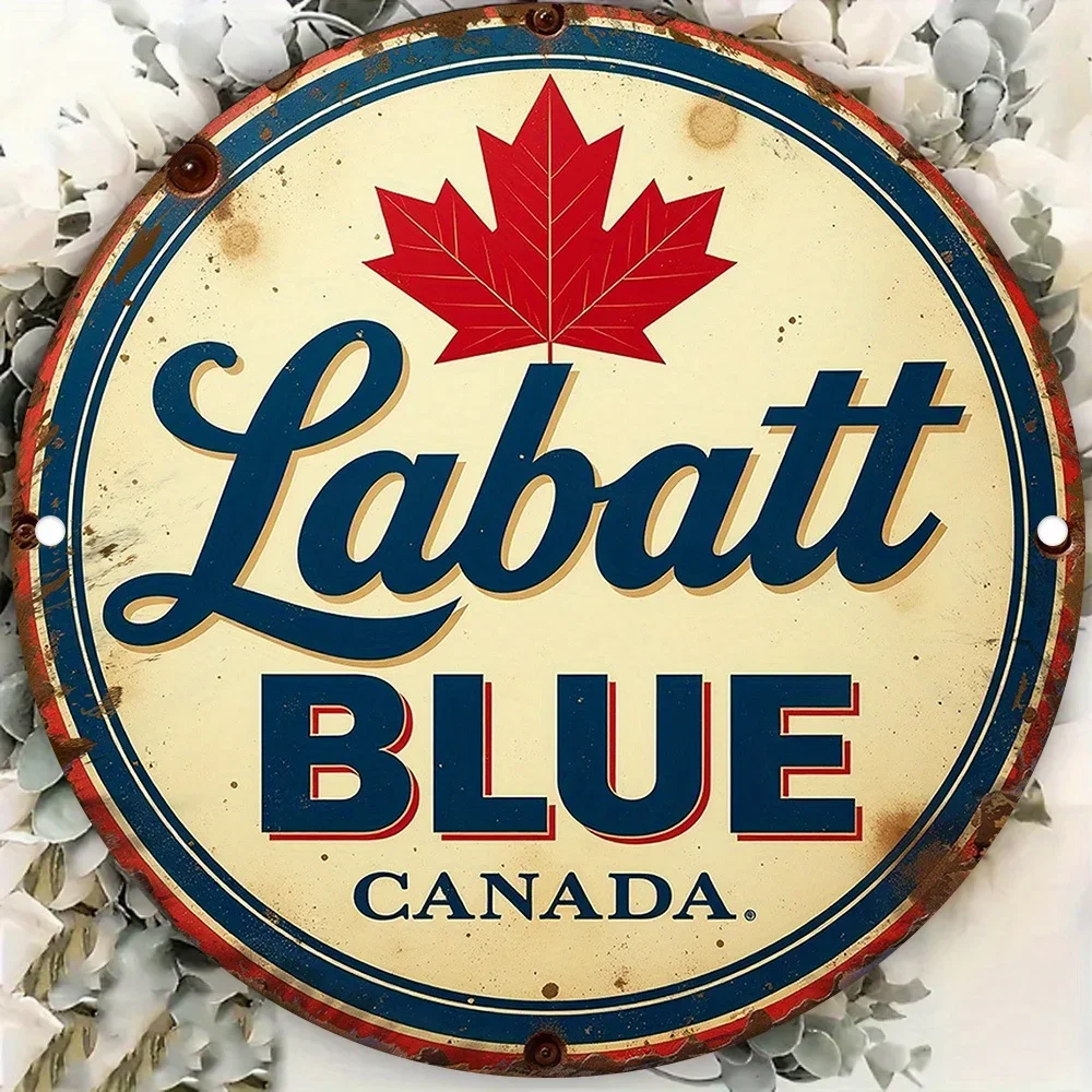 

2D Flat, Vintage Labatt Blue Canada Beer Sign - Rustic Round Aluminum Wall Art with Maple Leaf Design, Perfect for Outdoor Decor