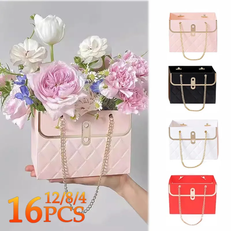 4/8/12/16 Uds. Bolso creativo portátil caja de embalaje de papel de flores bolsas de mano para ramo bolsas de regalos para fiesta de cumpleaños y Día de San Valentín