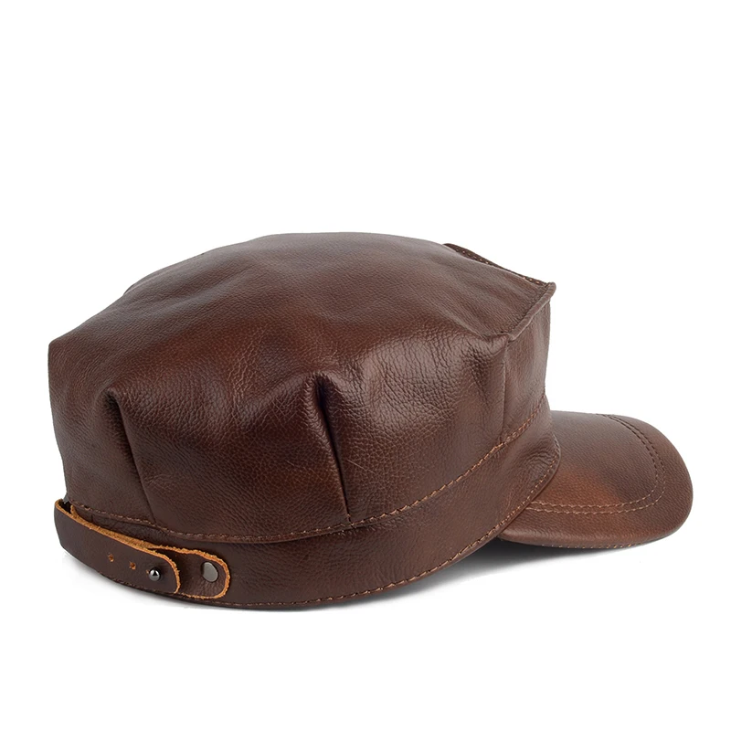 Cowhide Leather Hat Men Winter Casual Outdoor Flat Top Octagonal Cap Male Korean Fashion Earflap Warm Newsboy Berets Dad Chapeau