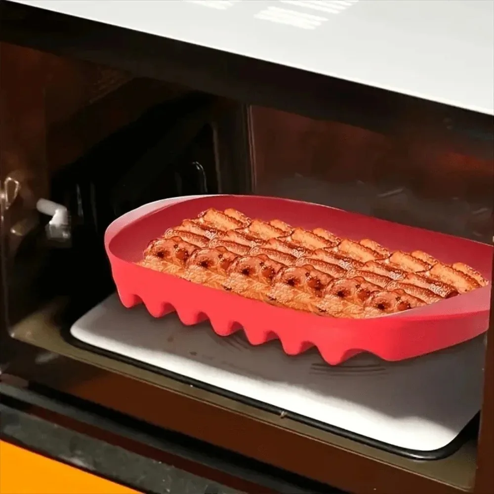 

With Lid Microwave Bacon Pan Red Wave Anti-stick Design Bacon Tray Plastic Heating Evenly Microwave Bacon Cooker Grilling