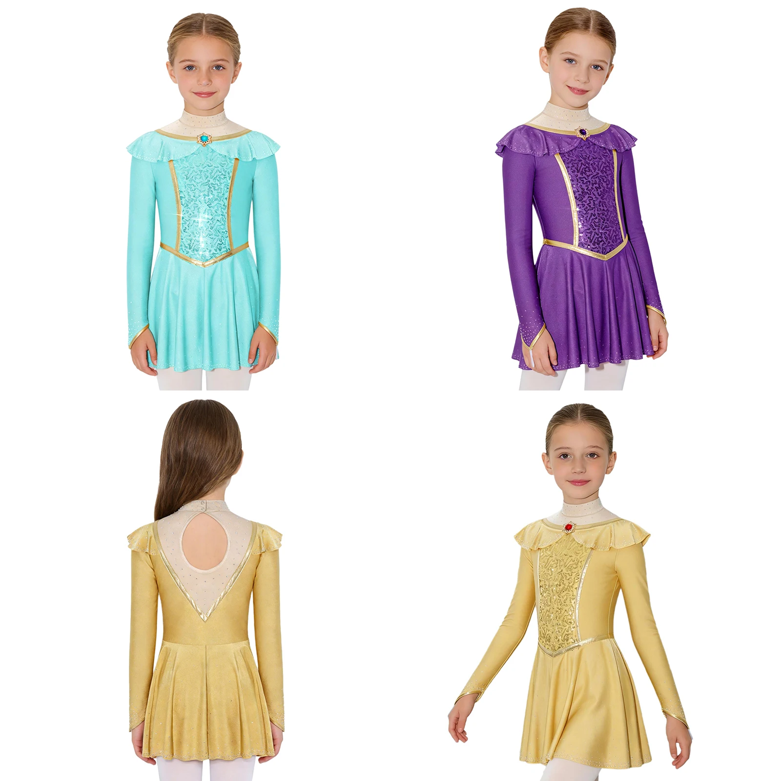 

Kids Girls Figure Skating Dress Long Sleeve Shiny Rhinestones Sequins Mesh Princess Dresses Gymnastics Ballet Dance Leotard Tutu