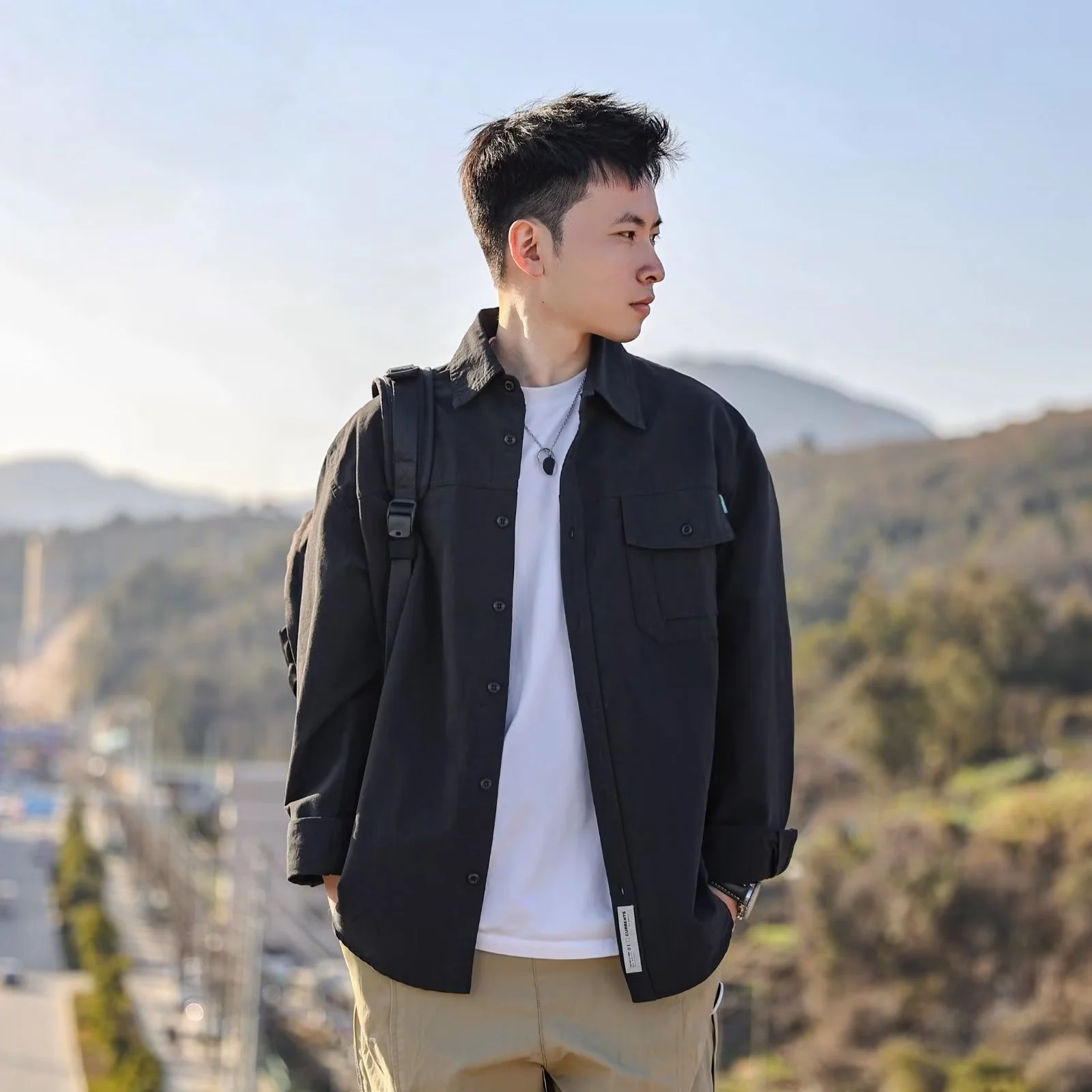 

Retro American Trend Pure Color Men's Work Shirt Loose Basic Style Spring Autumn New Casual Shirt Jacket Long Sleeve Sharp Co...