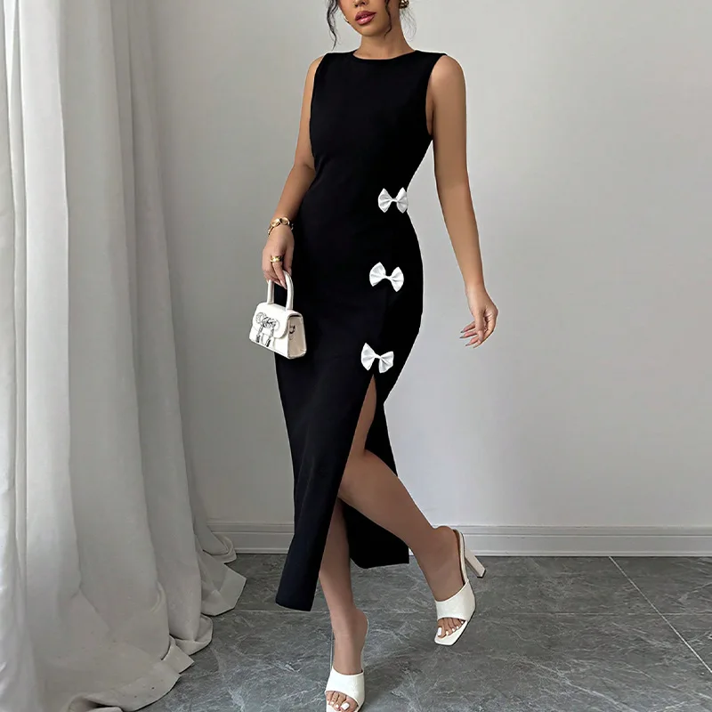 

2026 Summer New Fashion European American Elegant Temperament Sexy Spicy Girl Style Slim Fit Bow Sleeveless Slit Skirt for Women