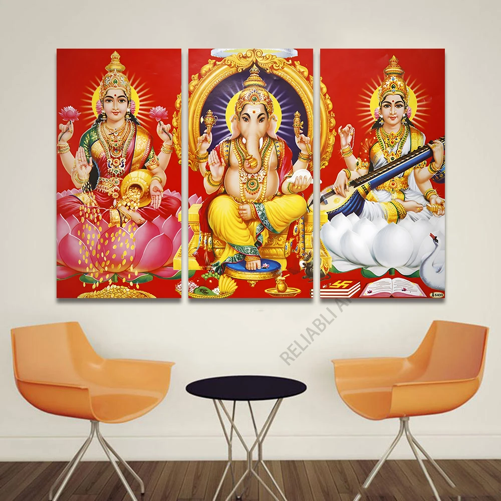 3 Panel Laxmi Ganesh And Saraswati Canvas Painting Wall Art Hinduism God Posters Prints Living Room Home Wall Decor No Frame