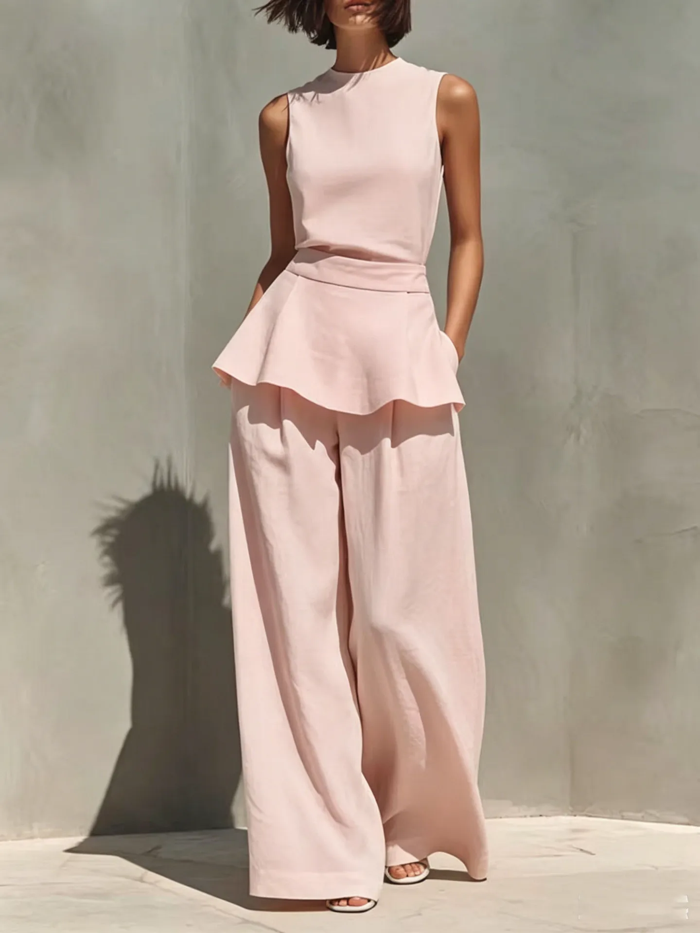 2026 New Spring Solid Color 2 Piece Set Sleeveless Ruffle Blouse + High Waist Wide Leg Pants Outfit Women's Summer Workwear Suit
