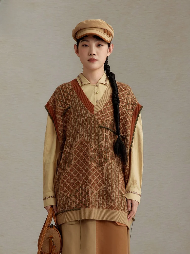 

Женский вязаный жилет свободного кроя с V-образным вырезом, в стиле ретро, с художественным дизайном, удобный, из смесового полиэстера, осенняя повседневная одежда