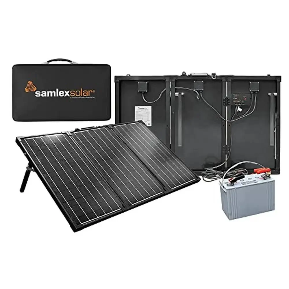 

Portable Solar Charging Kit with Insulated Carrying Case Pre-Wired Solar Panel Quick Connection Adjustable Legs Maximum Sun