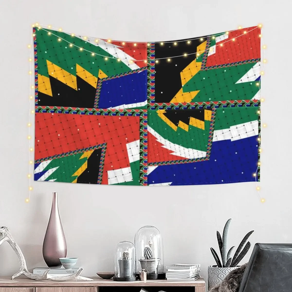 Attractive original abstract geometric artwork, inspired by the South African flag in a vintage style. Tapestry