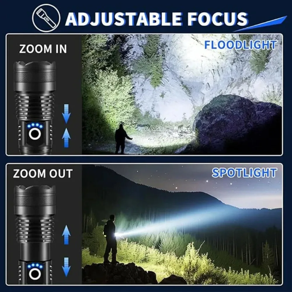 High Power LED Flashlight USB Rechargeable 5 Mode Aluminum Alloy Telescopic Zoom Torch Tactical Lamp for Outdoor Camping Fishing view 4