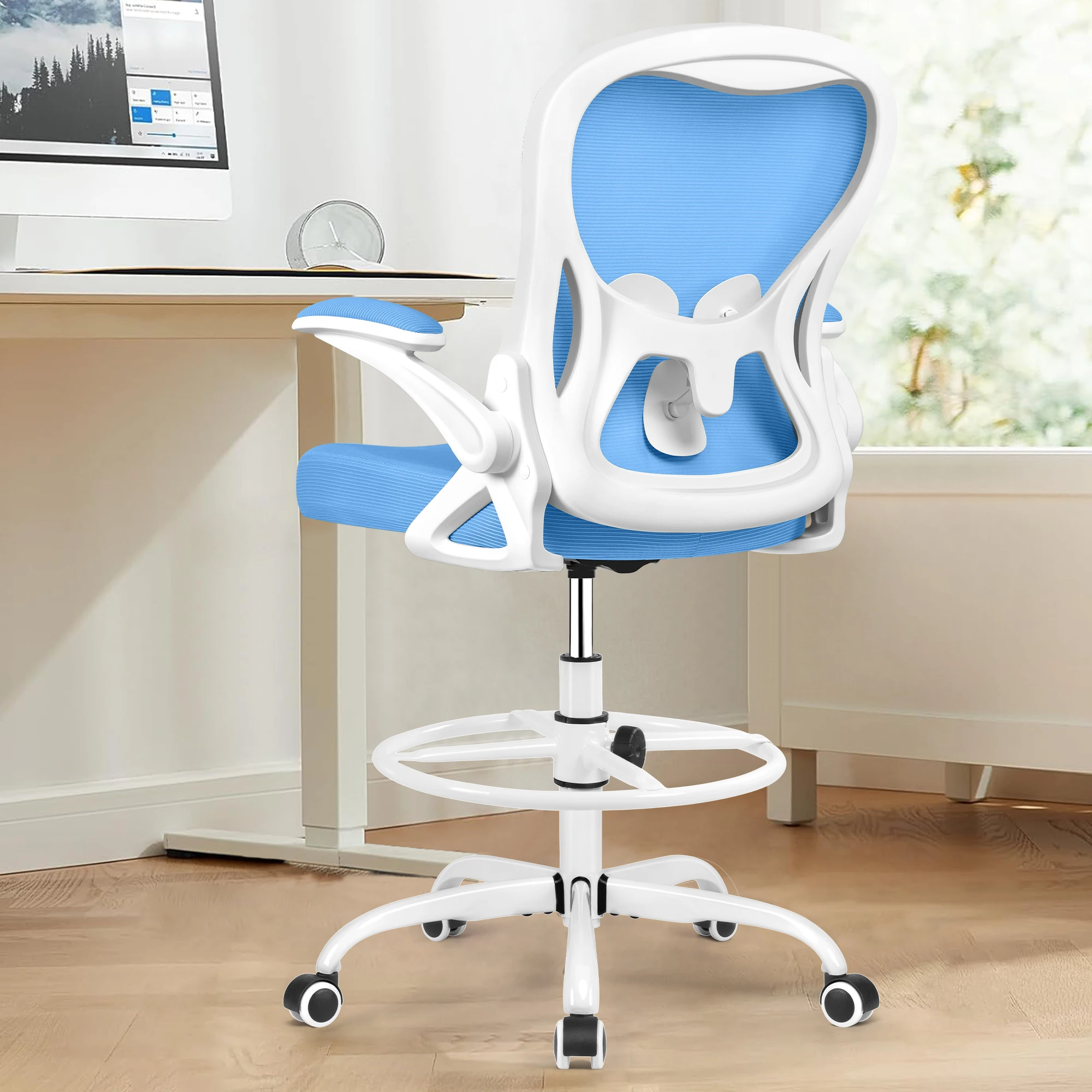 KERDOM Drafting Chair, Office Chair with Adjustable Lumbar Support, Breathable Mesh Mid Back Standing Desk Chair with Padded Flip-up Armrests and Footrest, Blue