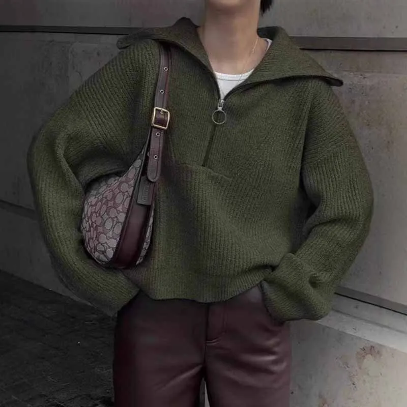 

BKQU повседневный свободный свитер с лацканами, женский вязаный пуловер с половиной молнии и длинными рукавами, осень-зима 2022, женские универсальные уличные джемперы