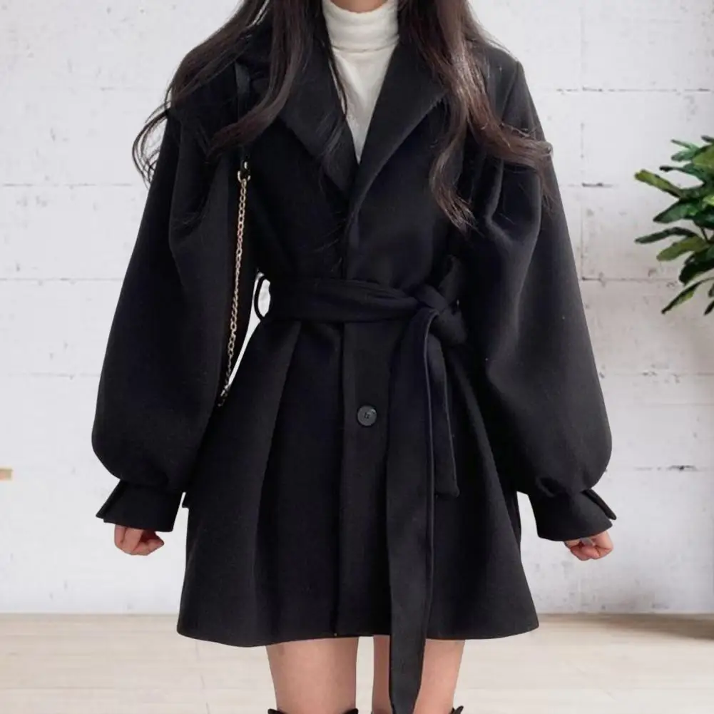 Women Lapel Coat Medium Length Coat Stylish Fall Winter Women's Jacket with Belt Pockets Chic English Style Overcoat for Dating