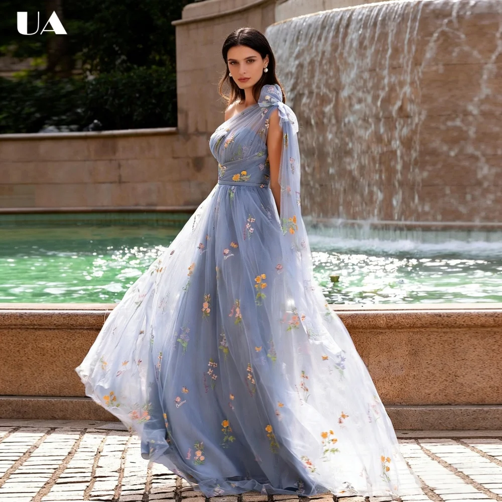 

ULBYANRY Romantic Mesh A-line Applique Maxi Prom Dress Customized Asymmetrical Neck Evening Dress Elegant Sleeveless Party Dress