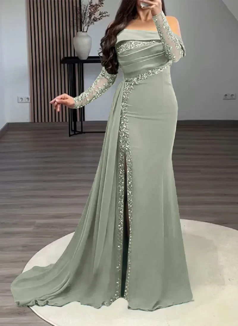 Robe de bal sirène en Satin vert, personnalisée, élégante, manches à paillettes, fente latérale, longueur au sol, bal formel
