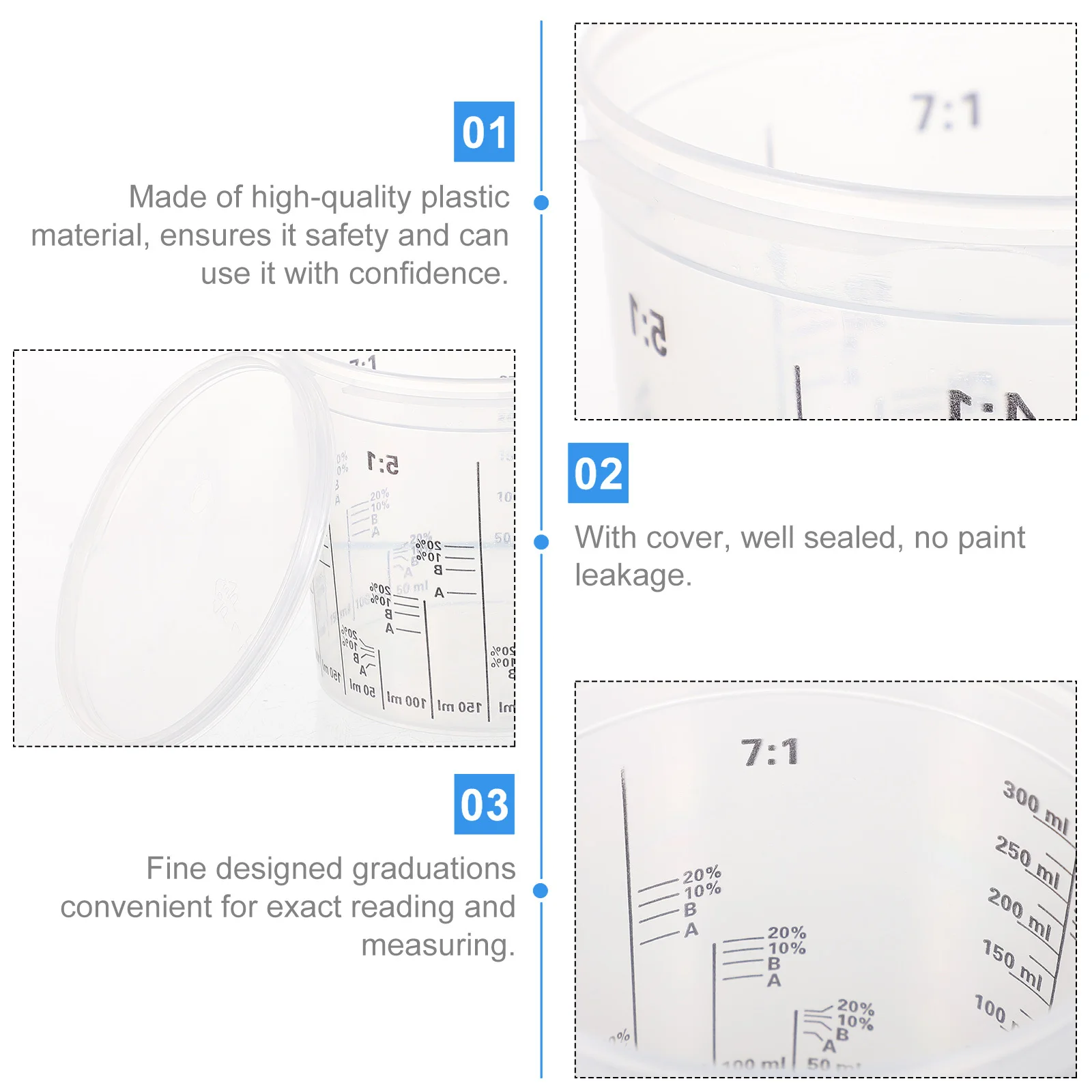 5 قطع من كوب الطلاء الشفاف البلاستيكي لقياس الطلاء الزيتي، سهل القراءة، مقاوم للأحماض والقلويات بدرجة حرارة عالية #5