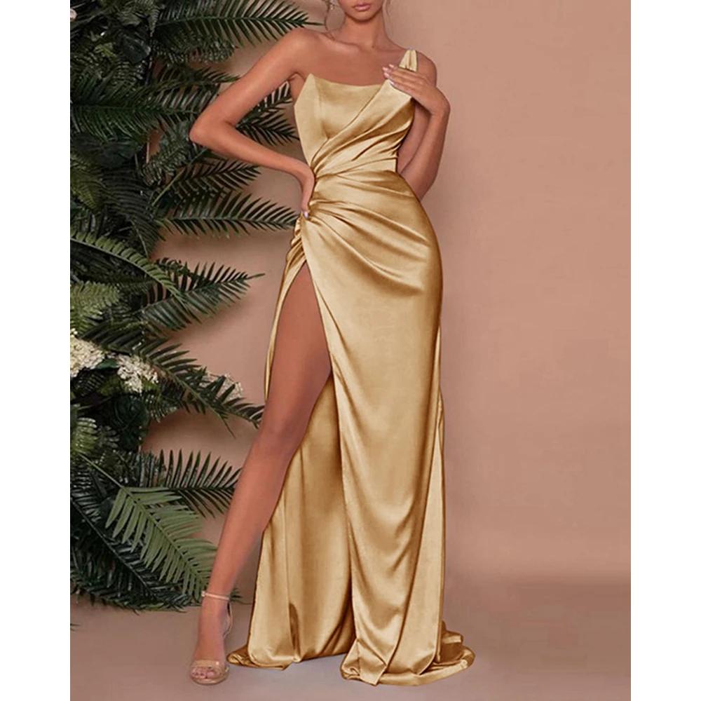 

Satin Evening Dress for Women One Shoulder High Slit Spaghetti Strap Lady Slim Fold Maxi Party Dress Elegant Clothing Fashion