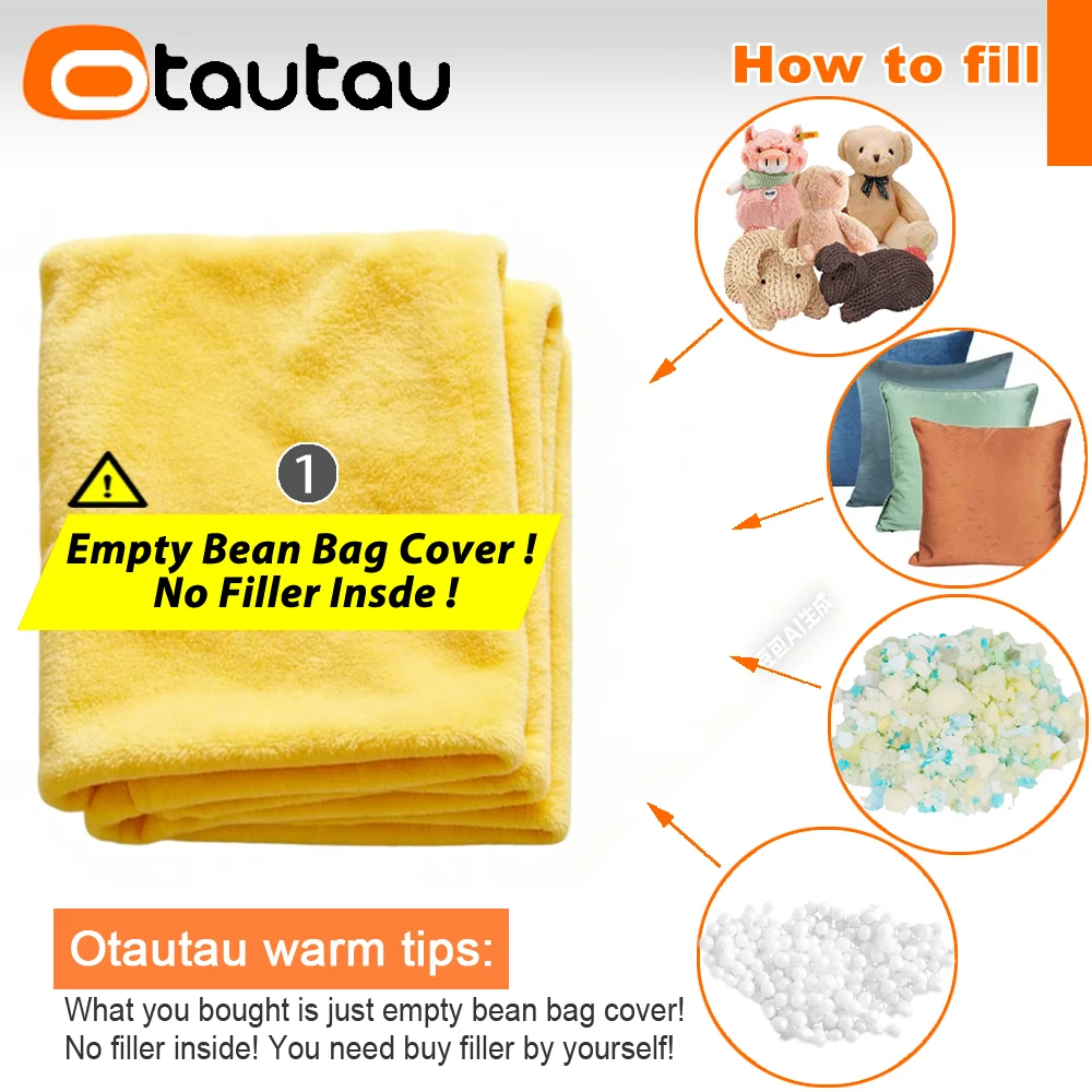 OTAUTAU Cute Yellow Bear Bean Bag Cover Soft Faux Fur Corner Pouf Beanbag Cover SF631【No Filler!Please Buy Filler Yourself!】