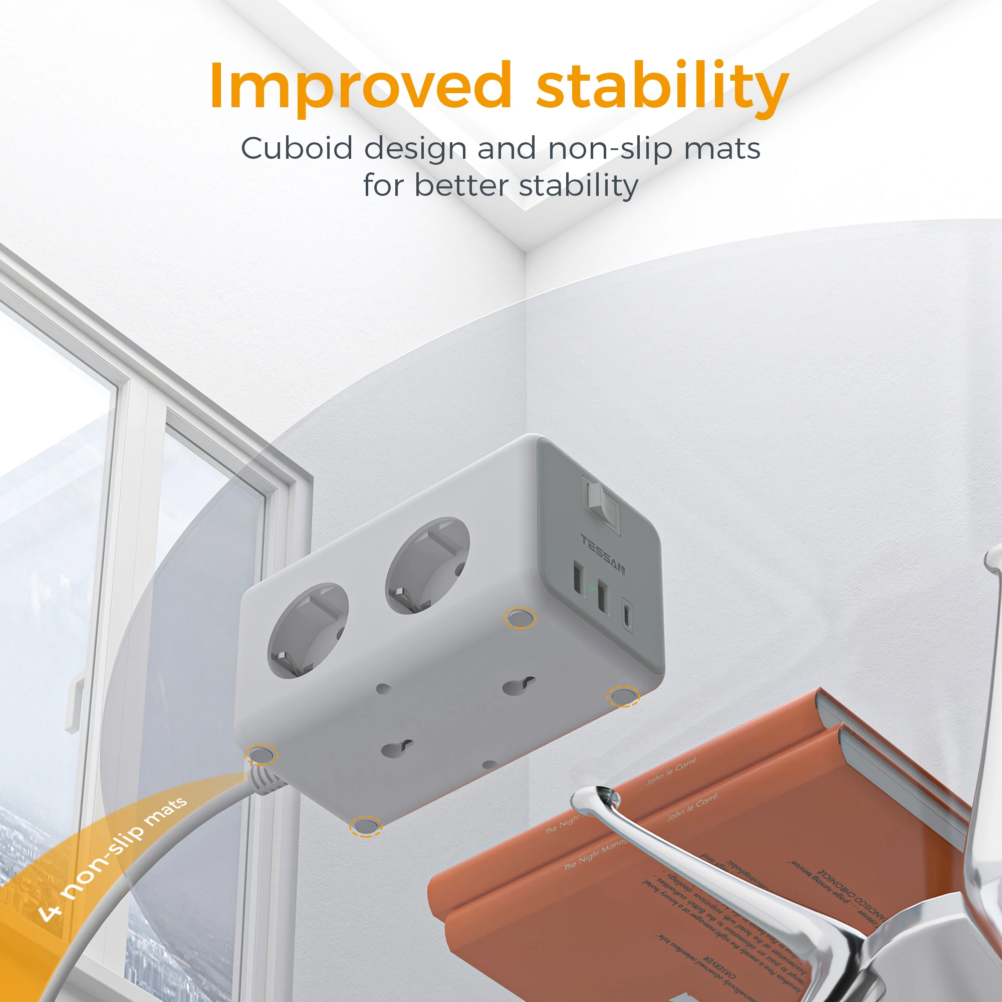 شريط طاقة لسطح المكتب بمقبس أوروبي من تيسان مع مفتاح 6 منافذ 3 منافذ USB 3600 وات شريط طاقة متعدد الاتحاد الأوروبي مع كابل 2 متر للمنزل