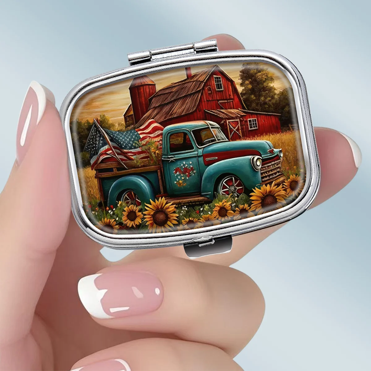 1Pc Compact 2-Compartment Square Metal Pill Box, Designed with a Rustic Vintage Pickup Truck Healing Warmth Theme, Portable Decorative Vitamin Storage Box, or a Unique Gift for Your Wallet