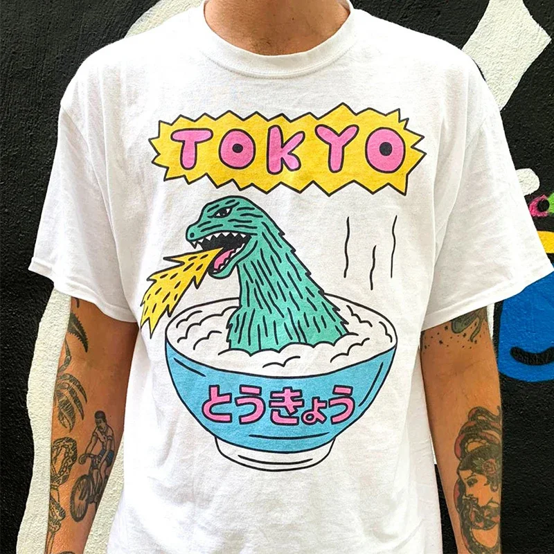 New Arrival Cartoon Dinosaur Print Japan Harajuku Tops Tees White Cotton Short Sleeve  Unisex Aesthetic Graphic T Shirt