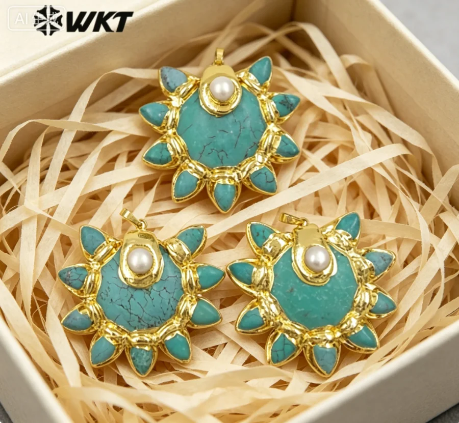 WT-P2032 5PCS Light Weight Interesting Pearl Turquoise Pendant With 18K Real Gold Plated For Girls Precious Gifts