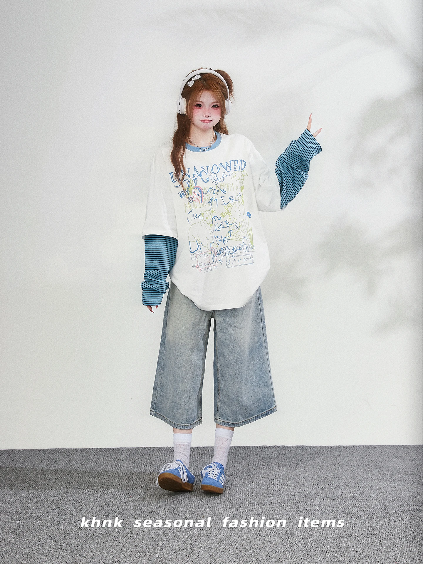 Retro American Striped Splicing Color Block Long Sleeve T Shirt Women Loose Fake Two-Piece Spring Casual Comfortable Top