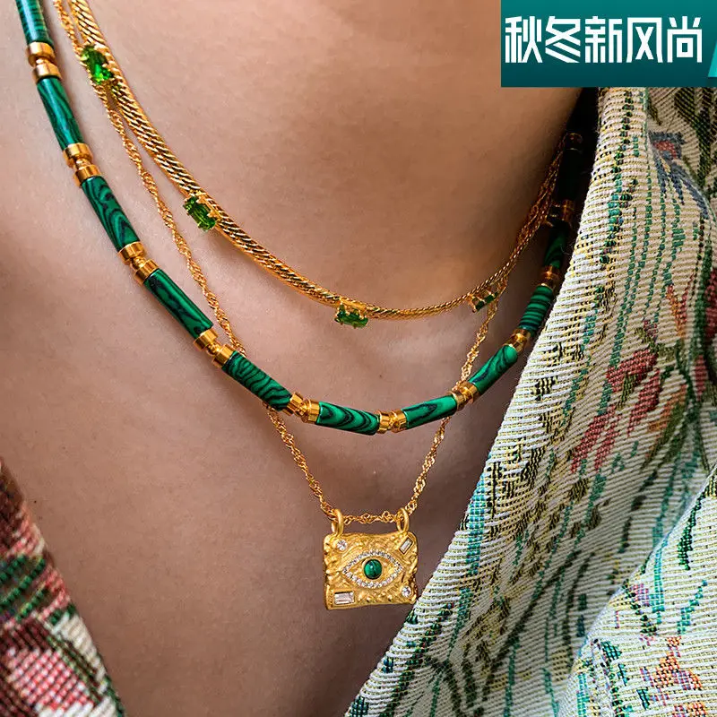 Greek Palace Style Natural Malachite Necklace Women's Light Luxury Popular Devil's Eye Snake Bone Sweater Collar Neckchain