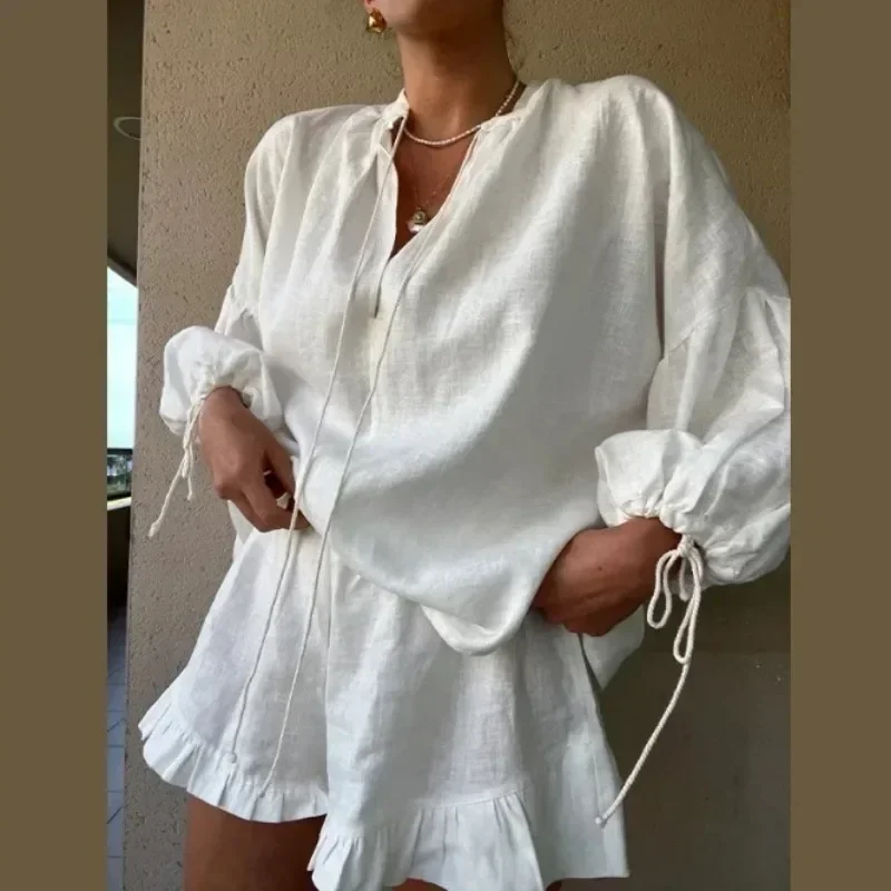 أطقم علوية برباط برقبة على شكل حرف V غير رسمية للنساء ، ملابس بأكمام طويلة ، شورت فضفاض بكشكشة ، بدلات شاطئ ، موضة الشوارع الراقية ، الصيف ،