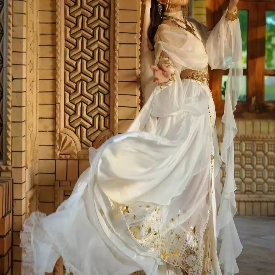 

Elegant Temperament Lolita White Dance Dress Chinese Style Embroidered Dunhuang Fairy Hanfu Cosplay Party Costume Travel Photo