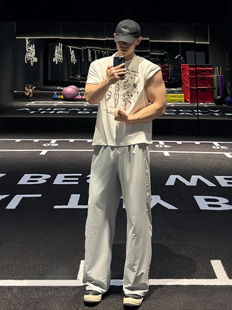 

Qui Dry Ice Silk Men's Casual Pants Summer Thin American Sle Fitn Sports Loose Wide Leg Casual Knife Pants