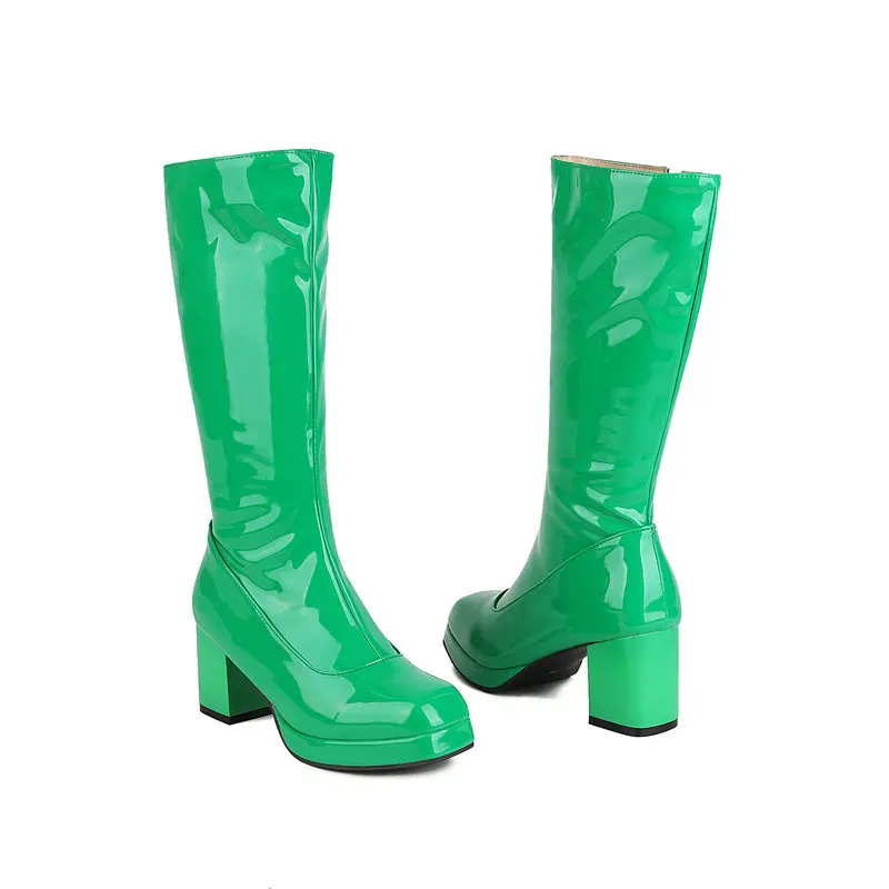 PU pelle verniciata verde arancione gotico punta quadrata tacchi grossi donna inverno scarpe calde stivali donna elasticizzati a metà polpaccio