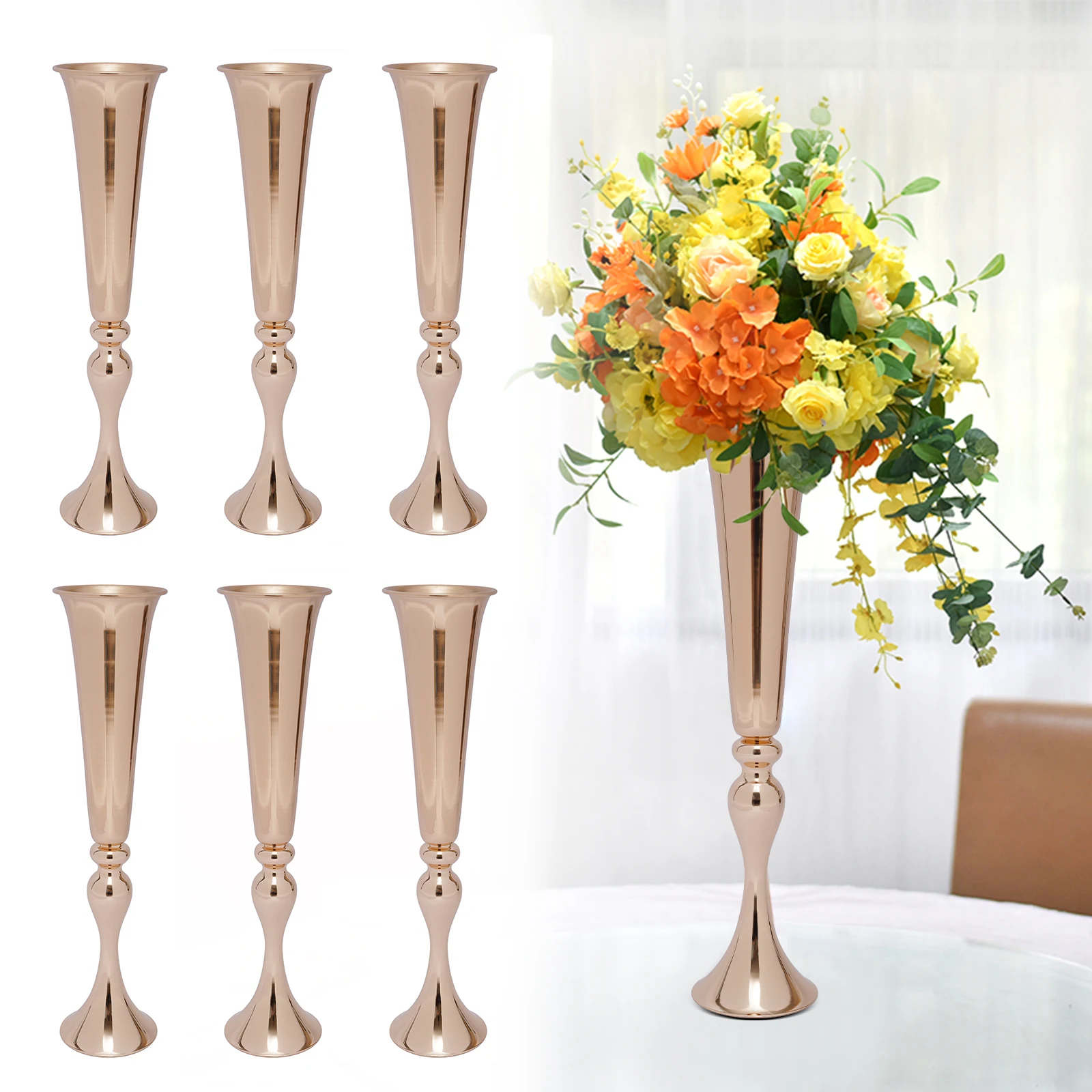 

6Pcs 56.5cm Gold Wedding Flower Stand,Metal Trumpet Vases Desktop Mount for Living Room,Bedroom