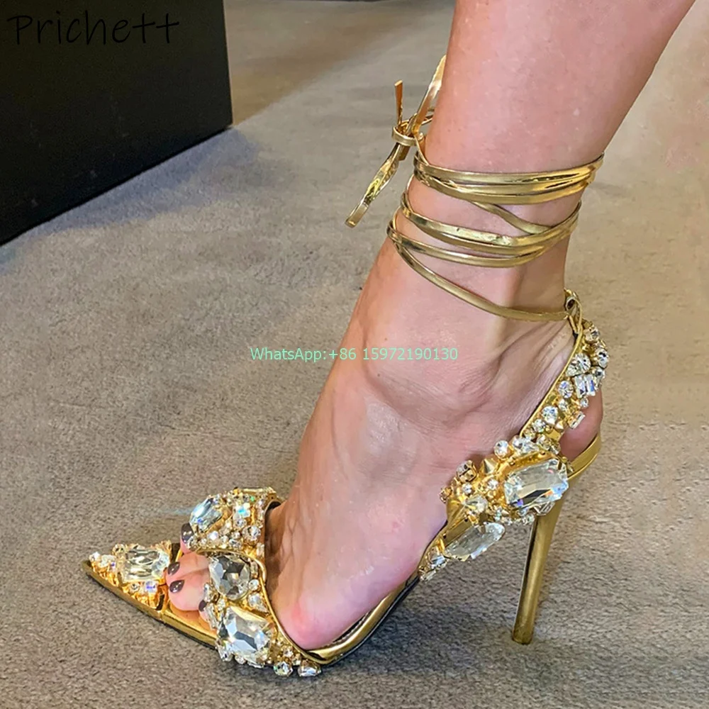 

Rhinestone Sexy Luxury Sandals Pointy Toe Thin Heels Lace Up Solid Bling Shoes Ladies Fashion Roman Style Princess Shoes