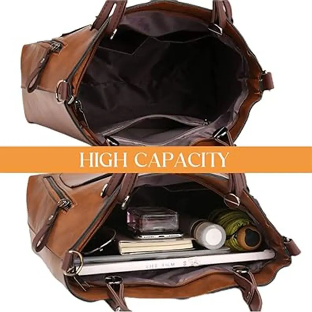 PU Leather Multi-Pocket Vintage Tote Bag Large Capacity Shoulder Bag Adjustable Shoulder Strap Multifunction Shopping Bag