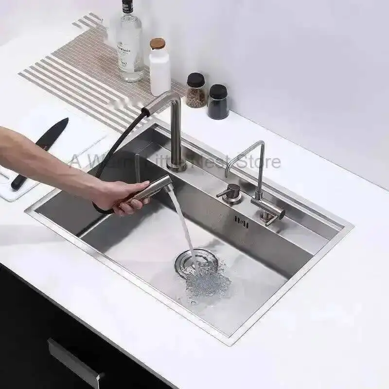 

Hidden Stainless Steel Kitchen Sinks Modern Kitchen Accessories with Cover Kitchen Sink Dish Drainer Light Luxury Single Tank L