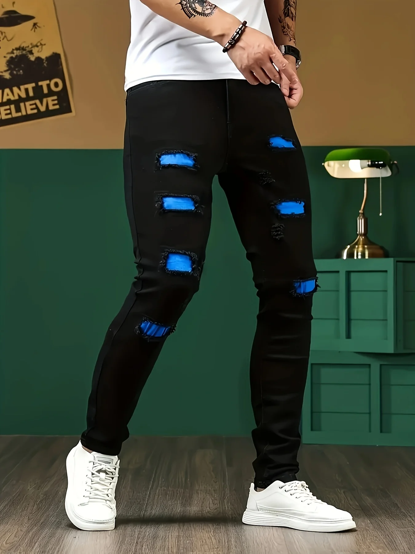

2026 New Patchwork Trendy Men's Streetwear Jeans Skinny Elastic Little Feet Straight Denim Trousers Fashion Ripped Slim Pants