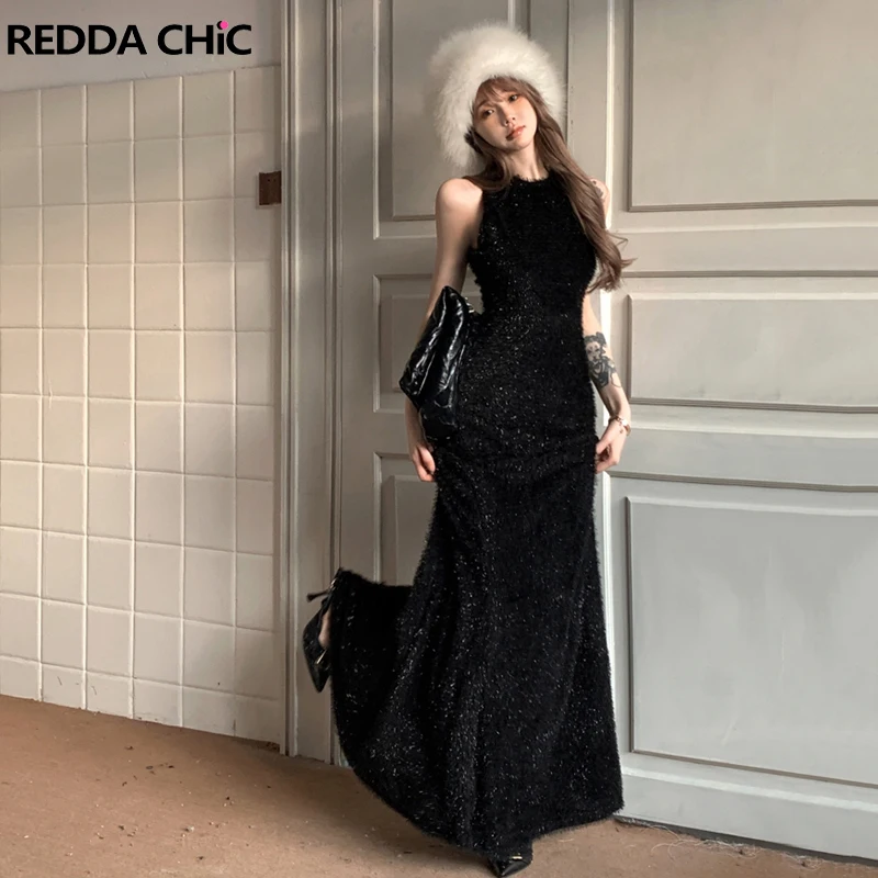 

REDDACHiC Luxury Glitter Black Long Evening Dress Women Vintage Y2k Sexy Off-shoulder Crewneck Draped Plush Fishtail Party Gown