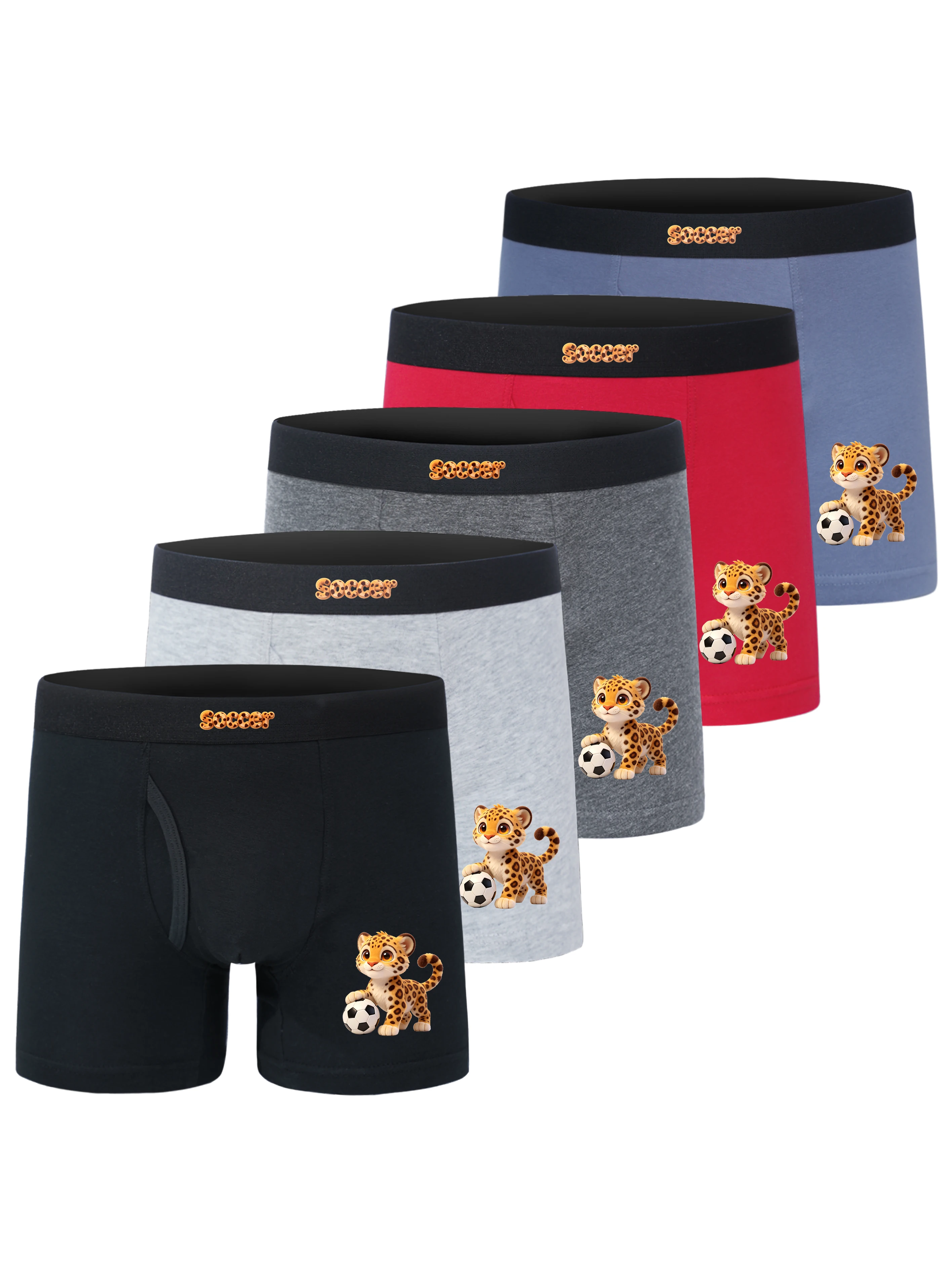 5 Pack Summer Boxer Briefs for Teens Cotton Athletic Underpants Lovely Leopard Pattern with Soccer Letter Baby Cheetah Football
